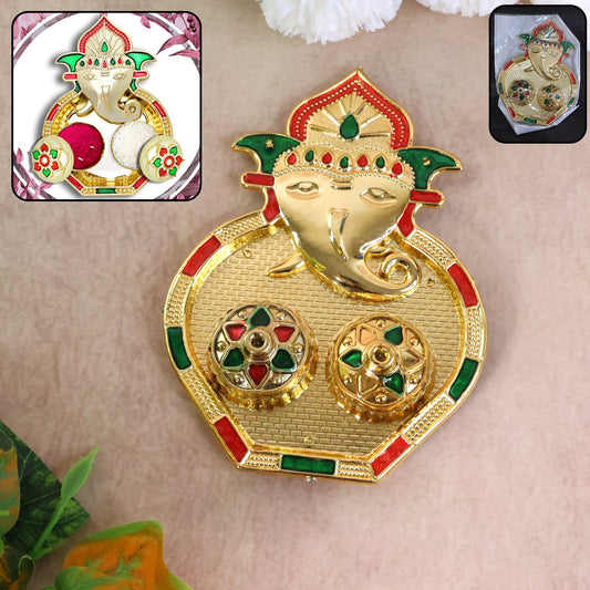 Ganesh Kumkum Box with decorative golden finish and twin containers
