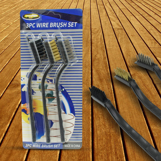 Set of three mini wire brushes with steel, nylon, and brass heads for various cleaning tasks.
