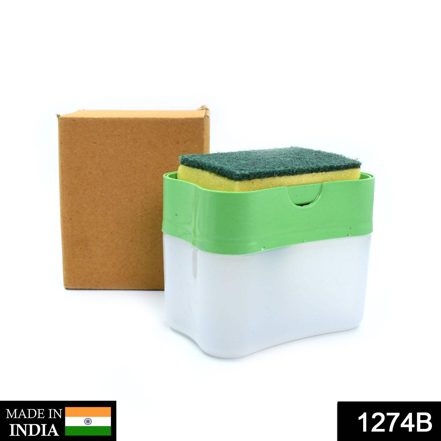 Front view of the 2-in-1 soap dispenser with sponge holder on a clean countertop.