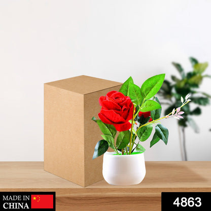 Full view of the VoltDesk artificial rose plant with its elegant pot.