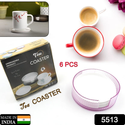 Complete set of 6 plastic coasters with a holder, perfect for any desk or table.