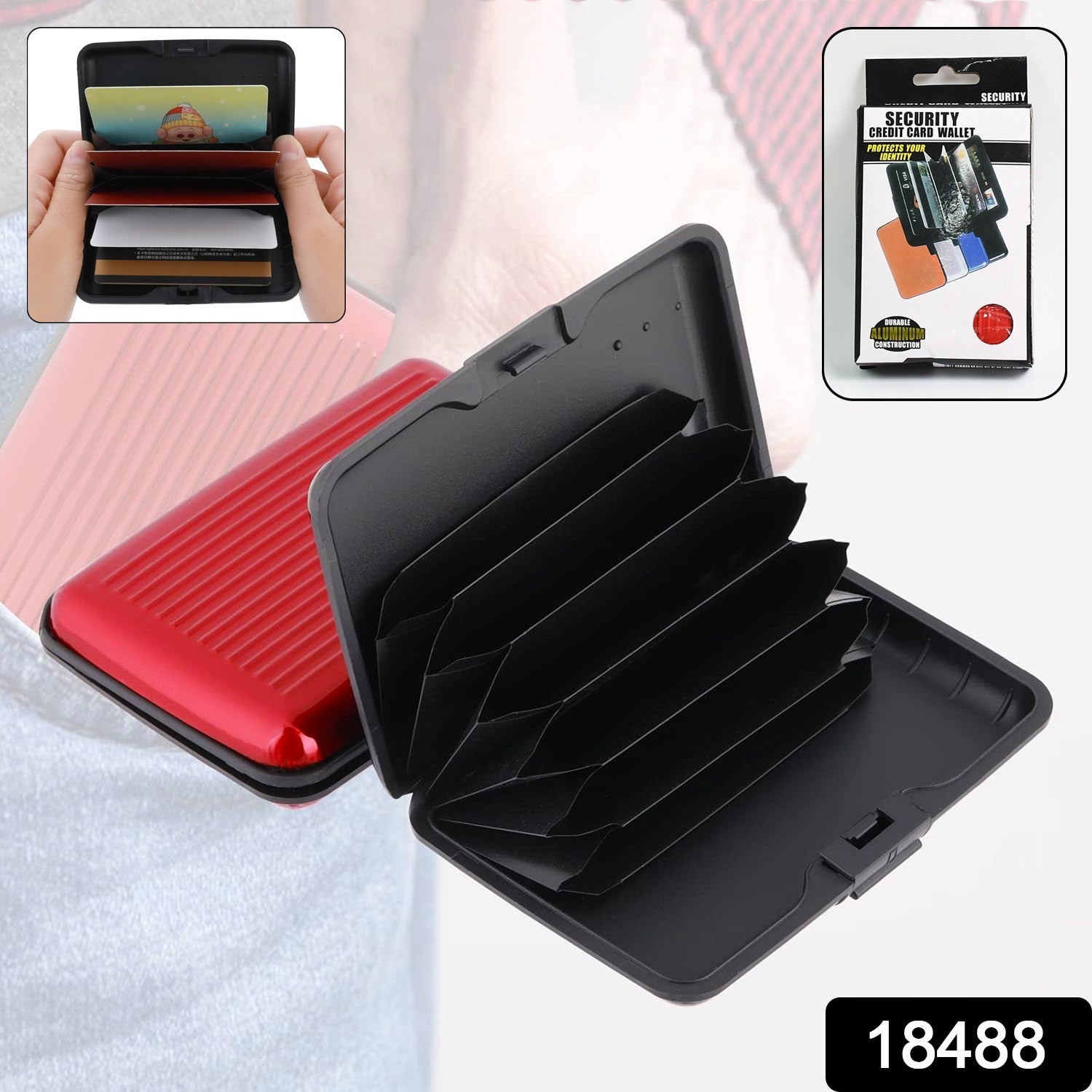JourneyMate plastic card holder open, revealing six organised compartments for multiple cards.