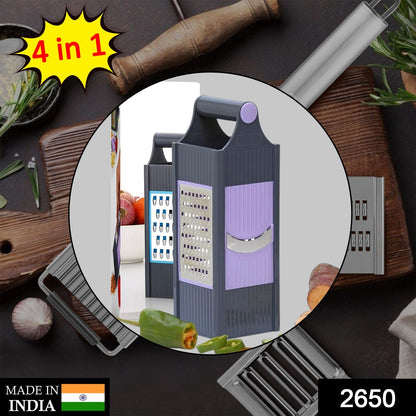 Close-up of the multi-functional plastic fruit grater showing its four distinct stainless steel blades.