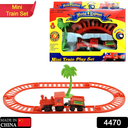 Overhead view of the World Express toy train set with locomotive and tracks.