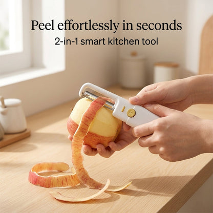 Close-up view of the sharp sawtooth peeler and knife blade on white background.