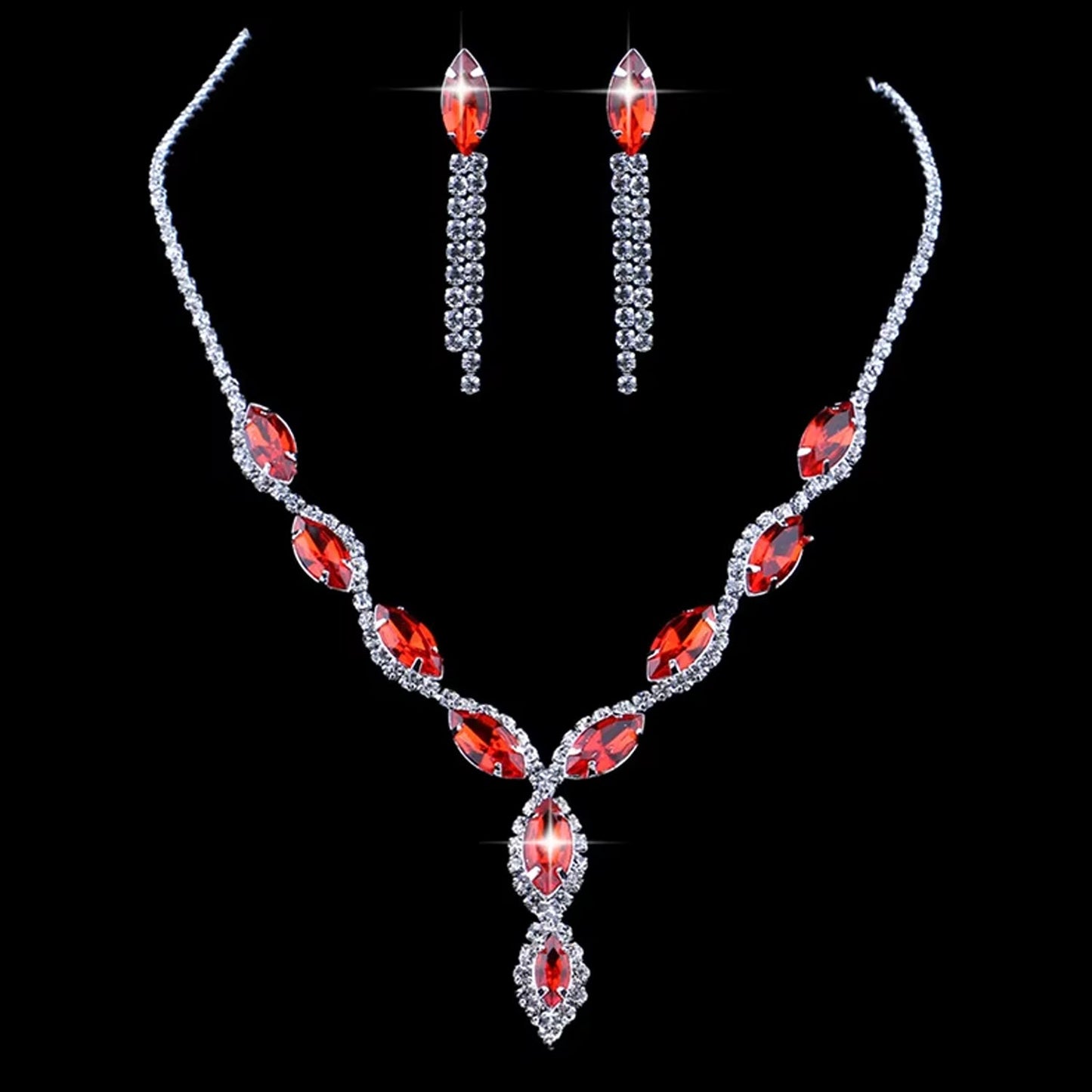 Stunning bridal jewelry set with a detailed necklace and coordinating earrings.
