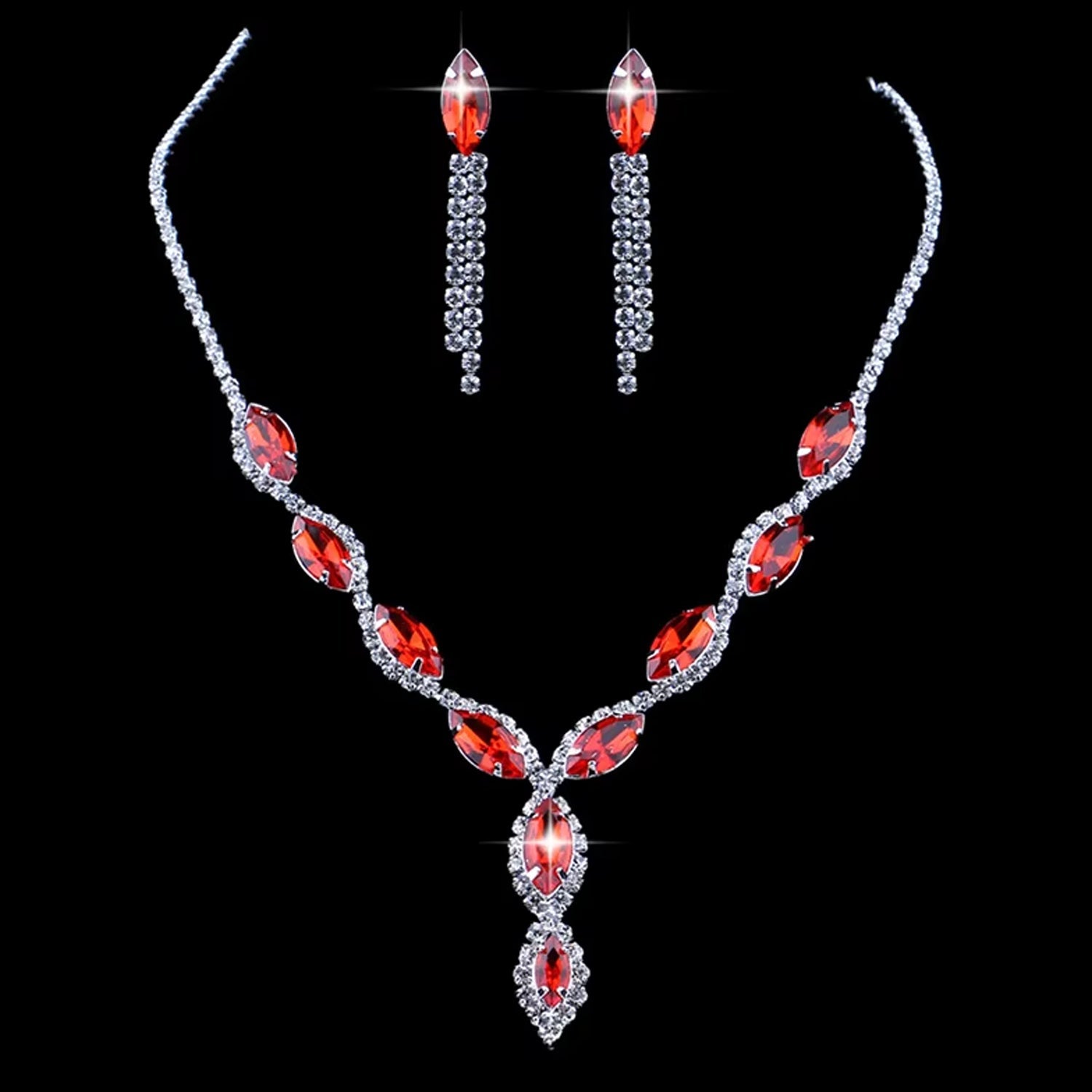 Stunning bridal jewelry set with a detailed necklace and coordinating earrings.
