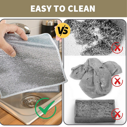 Durable stainless steel scrubber removing tough grime from a kitchen surface.