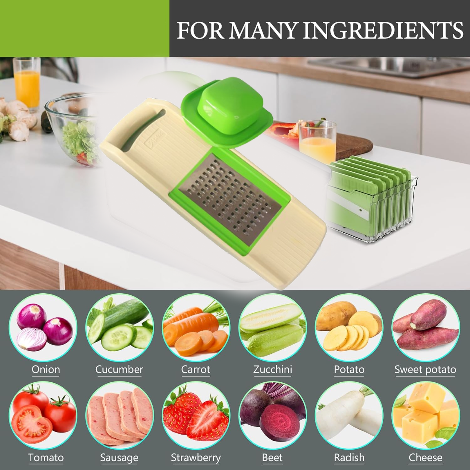 Interchangeable stainless steel blades for 6-in-1 multipurpose slicer