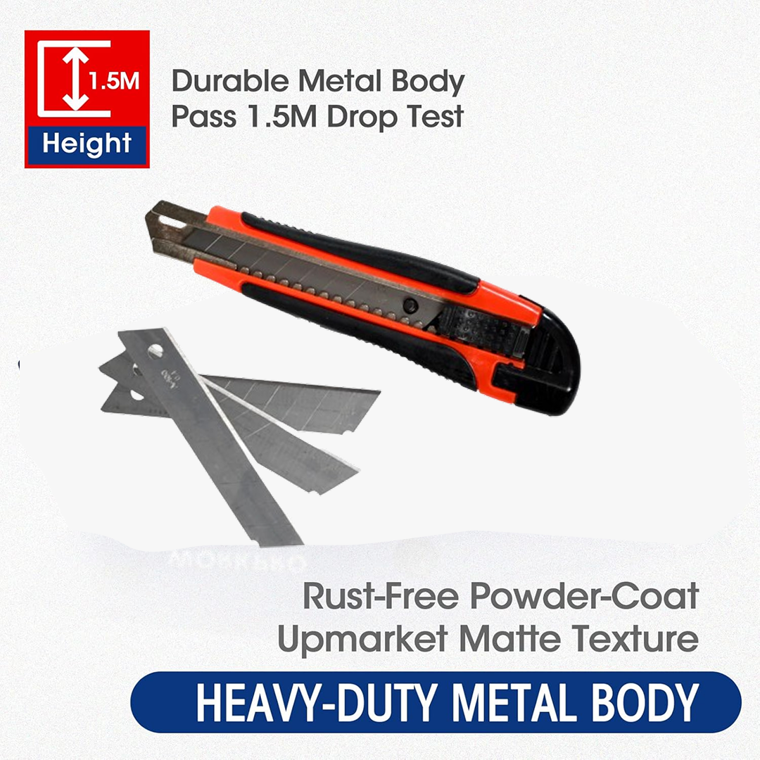 Heavy duty cutter knife set with 18mm retractable blade and extra blades.