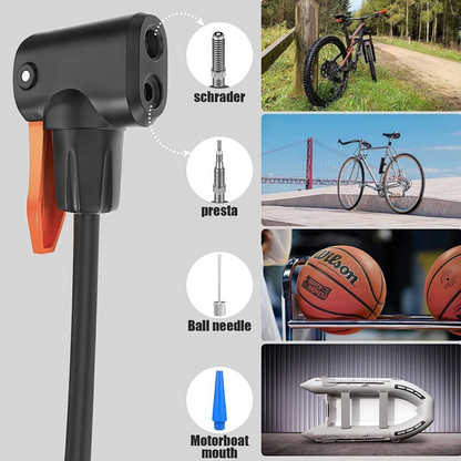 Foldable mini bike air pump with an integrated pressure gauge for accurate inflation.