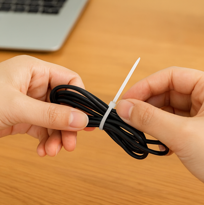Close-up of a black nylon zip tie, highlighting its secure self-locking mechanism.