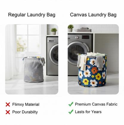 Spacious 45-litre canvas laundry bag shown with ample capacity for clothes.