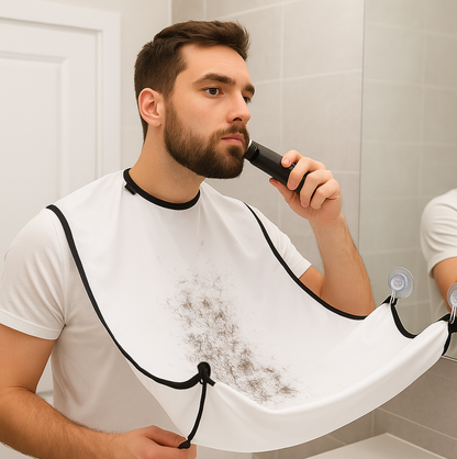 Diagram showing steps to easily use the beard apron for mess-free grooming.