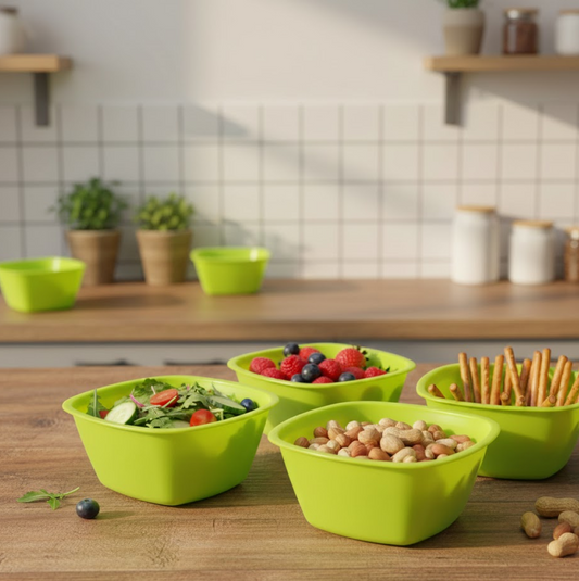 A vibrant set of four square plastic serving bowls in various colours.