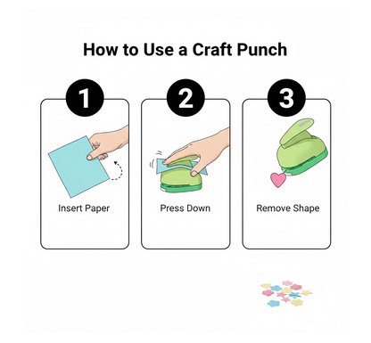 Various paper craft punch designs demonstrated with cut-out shapes on a white surface.