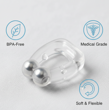 Side view of the reusable anti-snore nose clip, highlighting its ergonomic design.