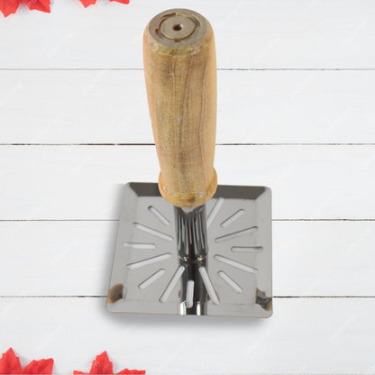 Durable stainless steel potato masher with comfortable wooden handle