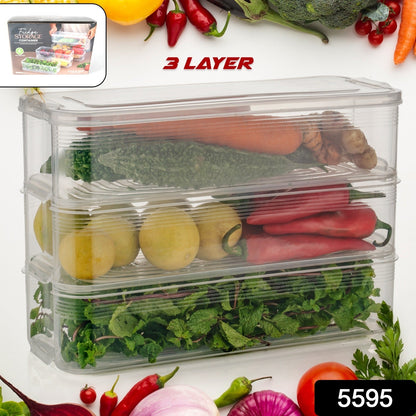 Stackable fridge storage containers holding fresh vegetables and fruits inside a refrigerator.