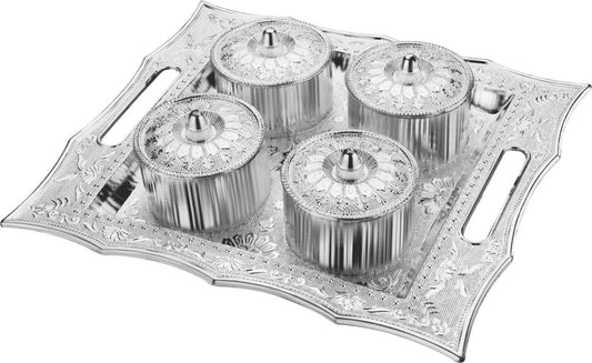 Elegant 4-section dry fruit box with airtight lids, perfect for serving snacks.