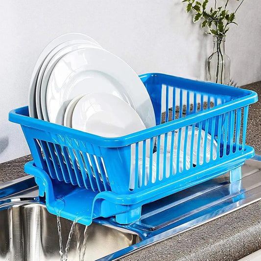 Plastic dish drainer rack with utensil holder in a brown box for kitchen organization.