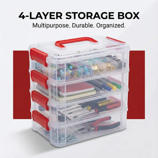 4-layer transparent plastic storage box with handle ideal for craft supplies