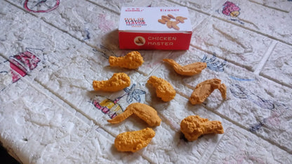 A group of chicken erasers in various poses, suggesting movement and fun, perfect for kids' playtime.