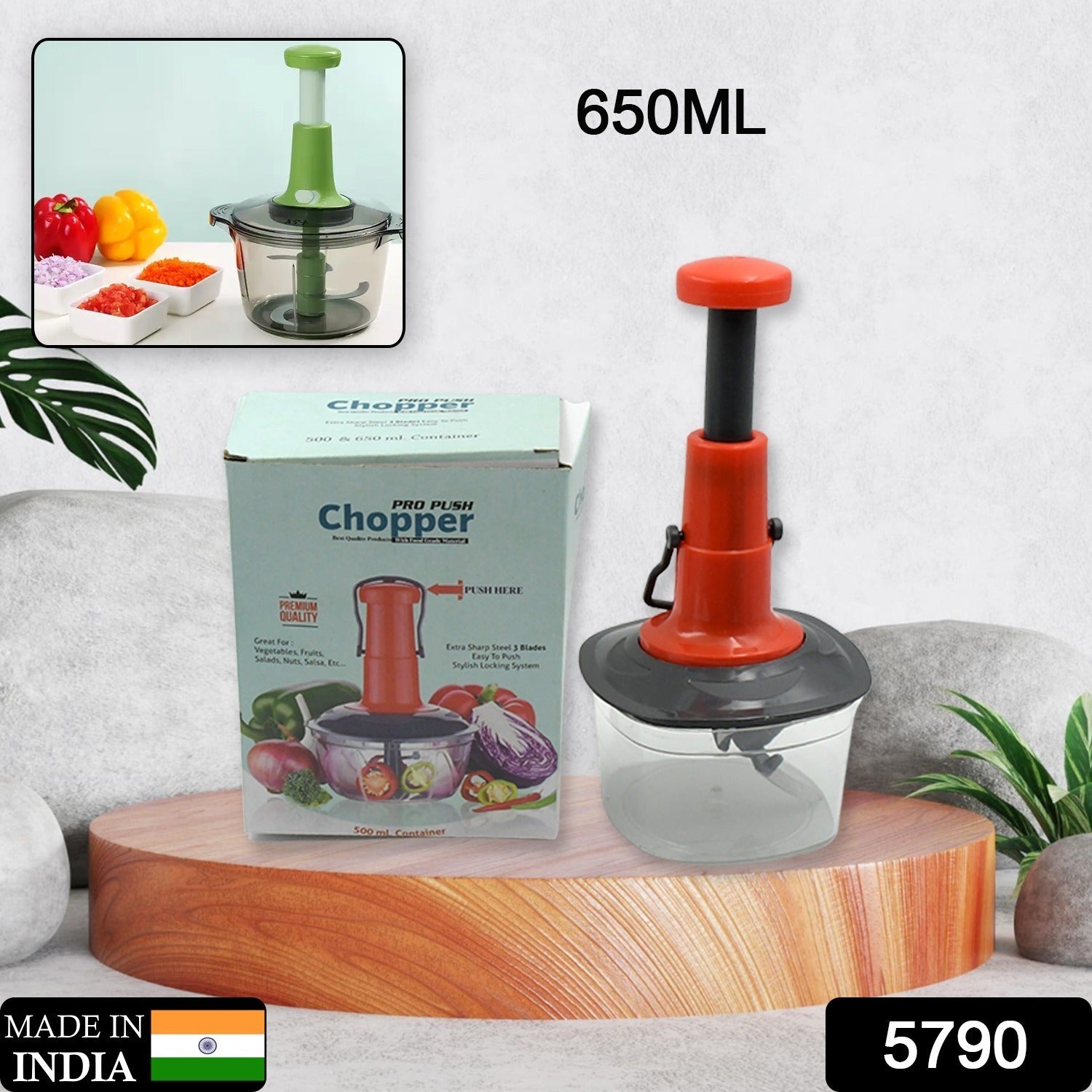 650ml Quickslice manual fruit chopper, showcasing its clear container and sharp blades.