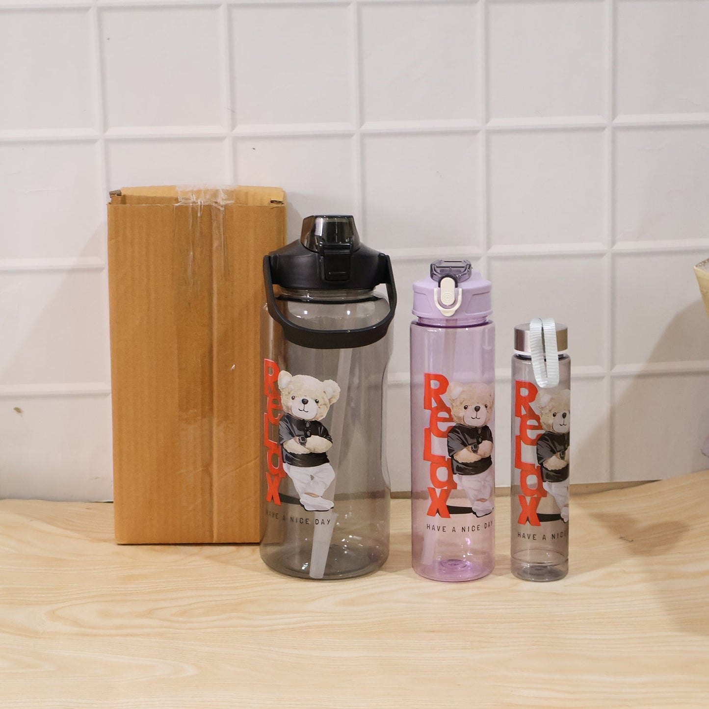Kids water bottles placed in a school bag, ready for daily use.