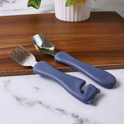 Compact kids cutlery spoon and fork set in stainless steel