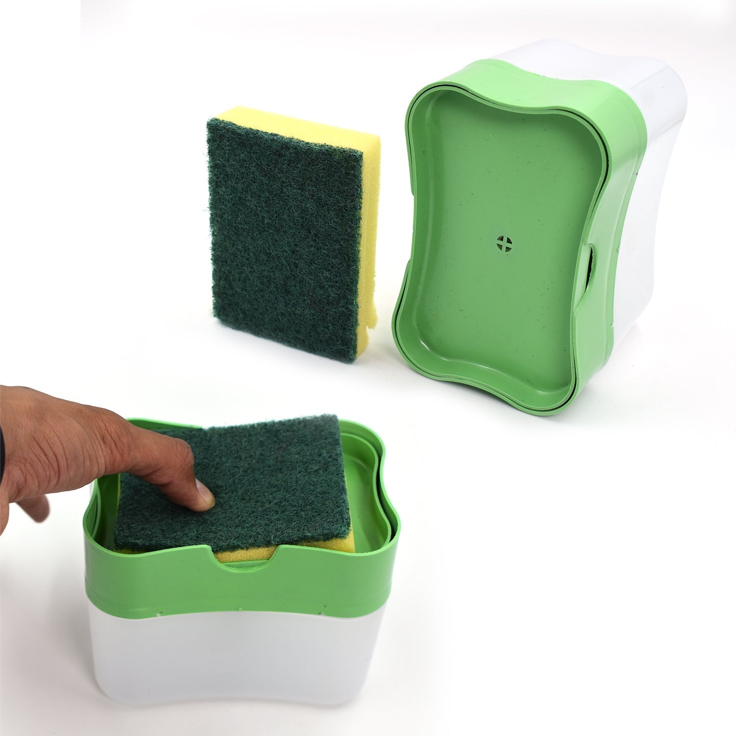 Side view demonstrating the compact design of the plastic kitchen cleaning dispenser.