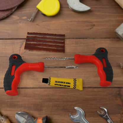 Universal tubeless tyre puncture repair tools arranged neatly in kit