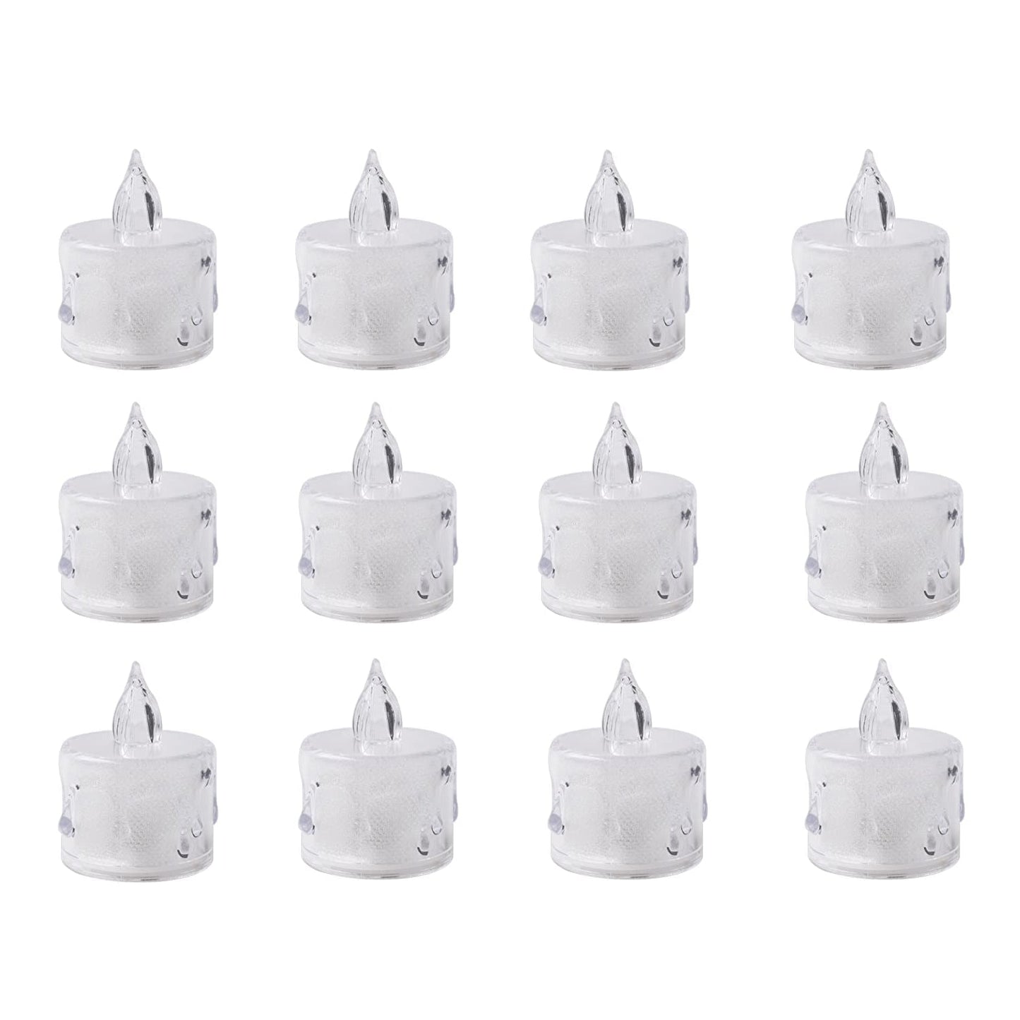 An array of decorative acrylic candles illuminating a festive display.