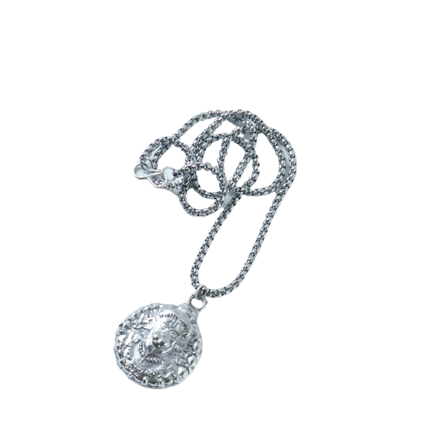 Close-up of the silver Hanuman Locket Necklace pendant, emphasizing the antique finish.