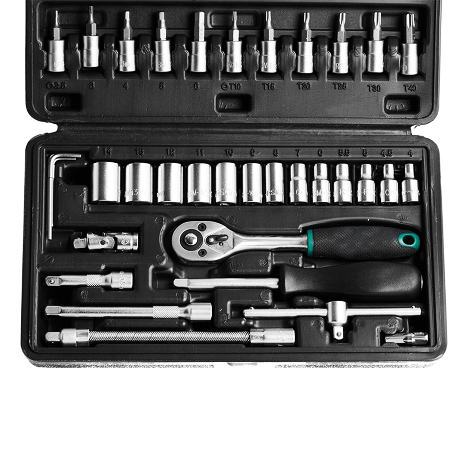 Secure blow-molded case for the RaceVault 46-piece socket set, ready for transport.