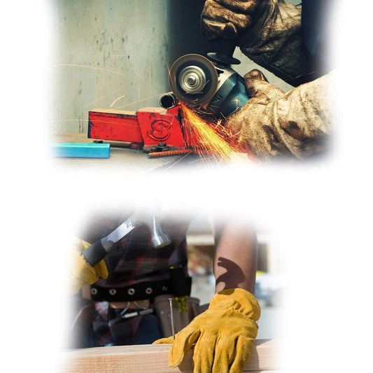 Pair of durable leather welding gloves, offering superior heat resistance and protection.