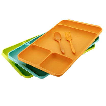 Divided plastic food plate with spoon and fork, great for serving Pav Bhaji.