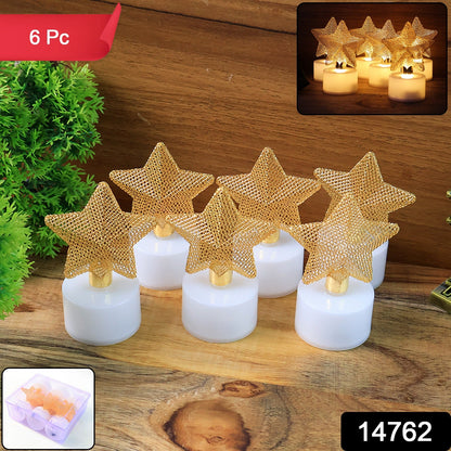 Close-up of a flameless LED star candle with intricate golden mesh topper