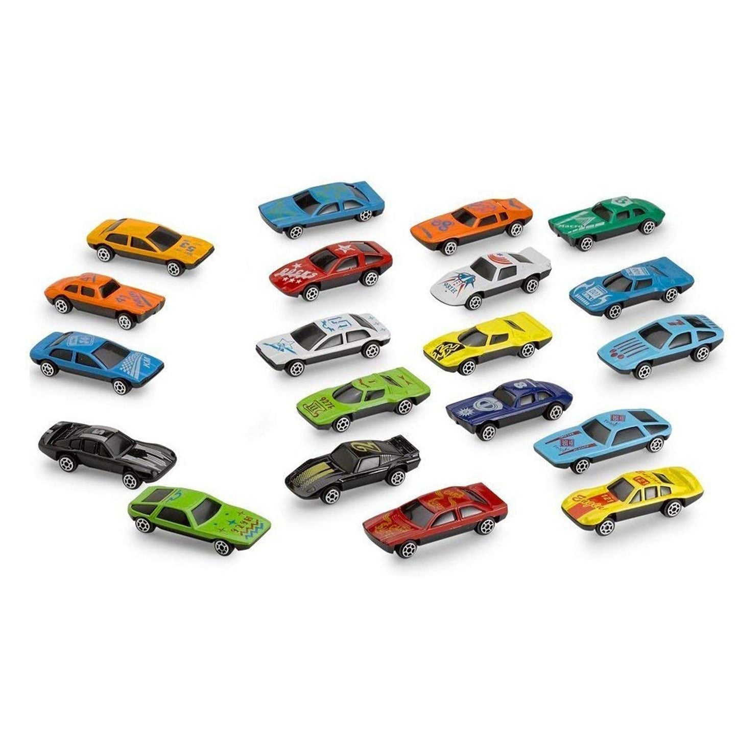 Overhead view of the 25-piece toy car set, showcasing various multi-color designs.