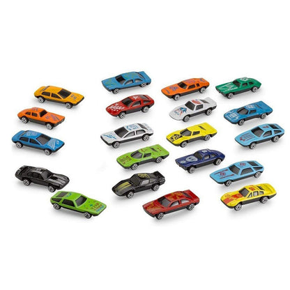 Overhead view of the 25-piece toy car set, showcasing various multi-color designs.