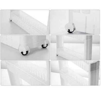 The multipurpose storage rack positioned in a kitchen, holding spices and bottles.