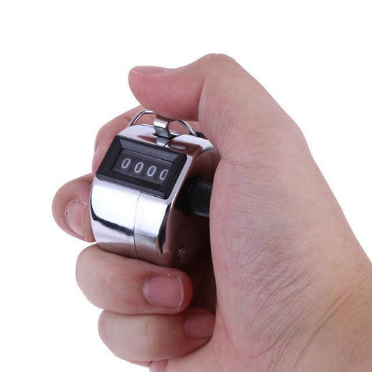 Portable stainless steel hand tally counter with 4-digit display.