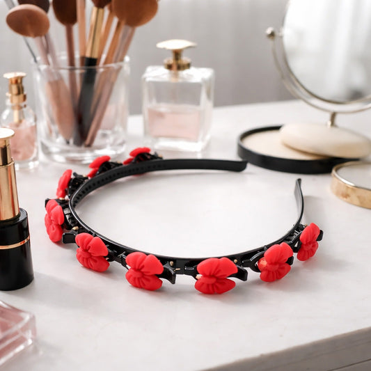 Floral headband with built-in mini claw clips for secure hair styling