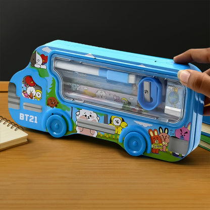 Bus Shape Compass Box for Boys, Kids School Accessories |  Pencil Box  with Wheels for Girls and Kids, String Operated Case Students School Supplies - Stationery Set Organizer Birthday Return Gift for Kids