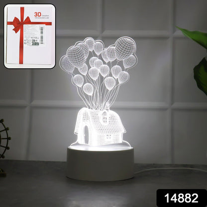 Close-up of 3D Illusion LED Night Lamp showing detailed house and balloons design