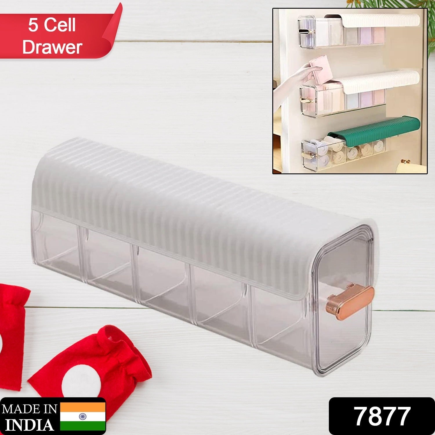 Close-up of the transparent wall mount drawer organizer with neatly folded underwear.
