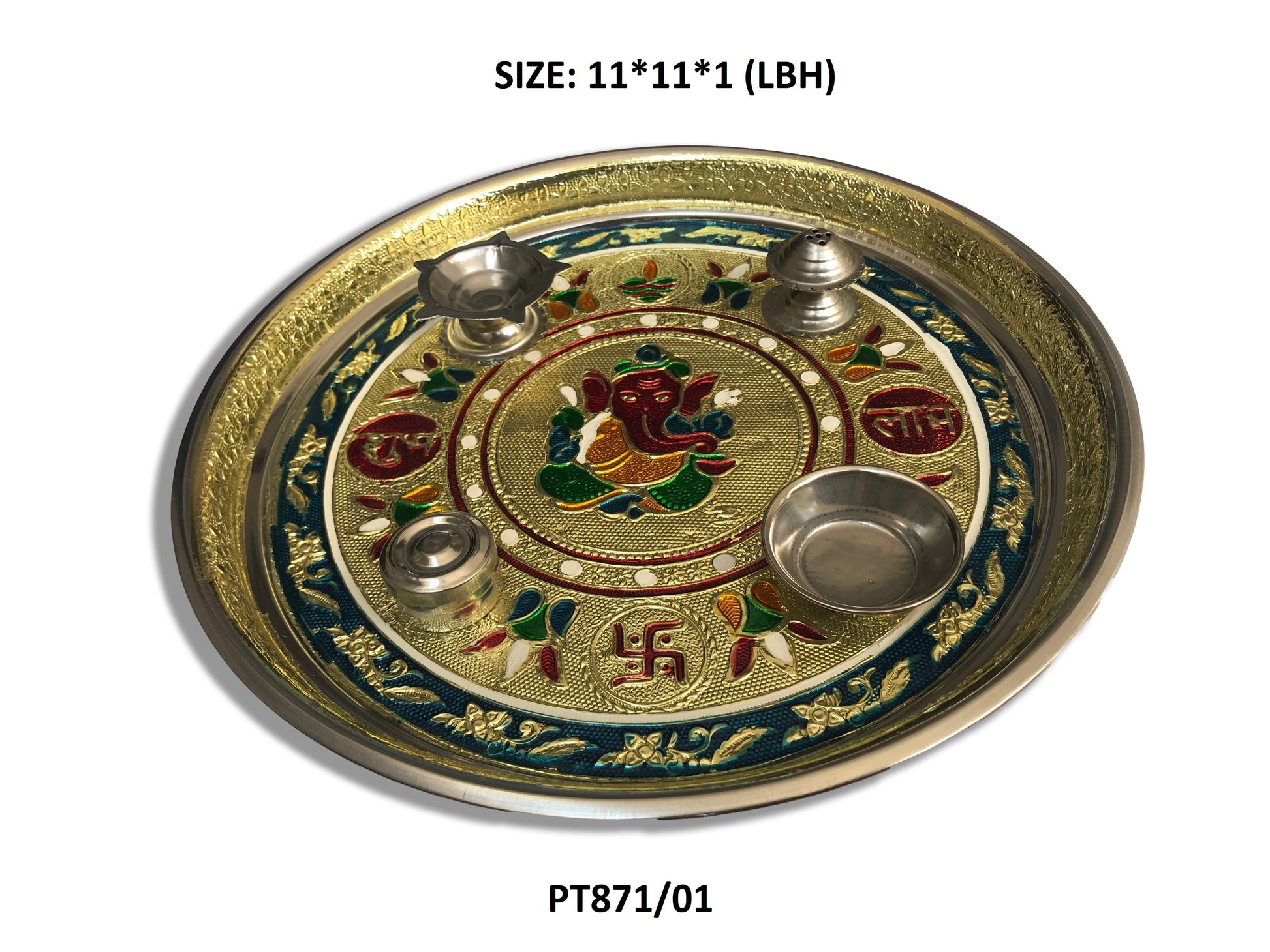 Overhead shot of the complete Pooja Thali Set with included bowls, diya, and vibrant diamond and pearl decorations.