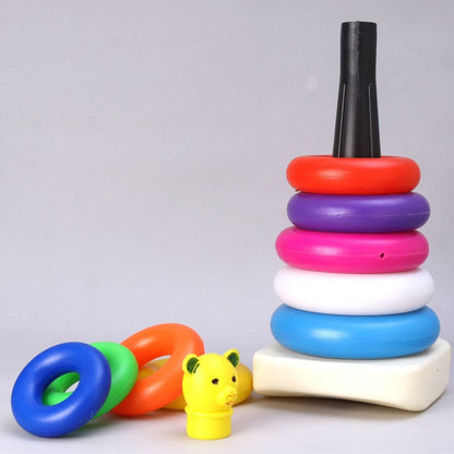 Close-up of the educational teddy bear stacking rings in various bright colors.