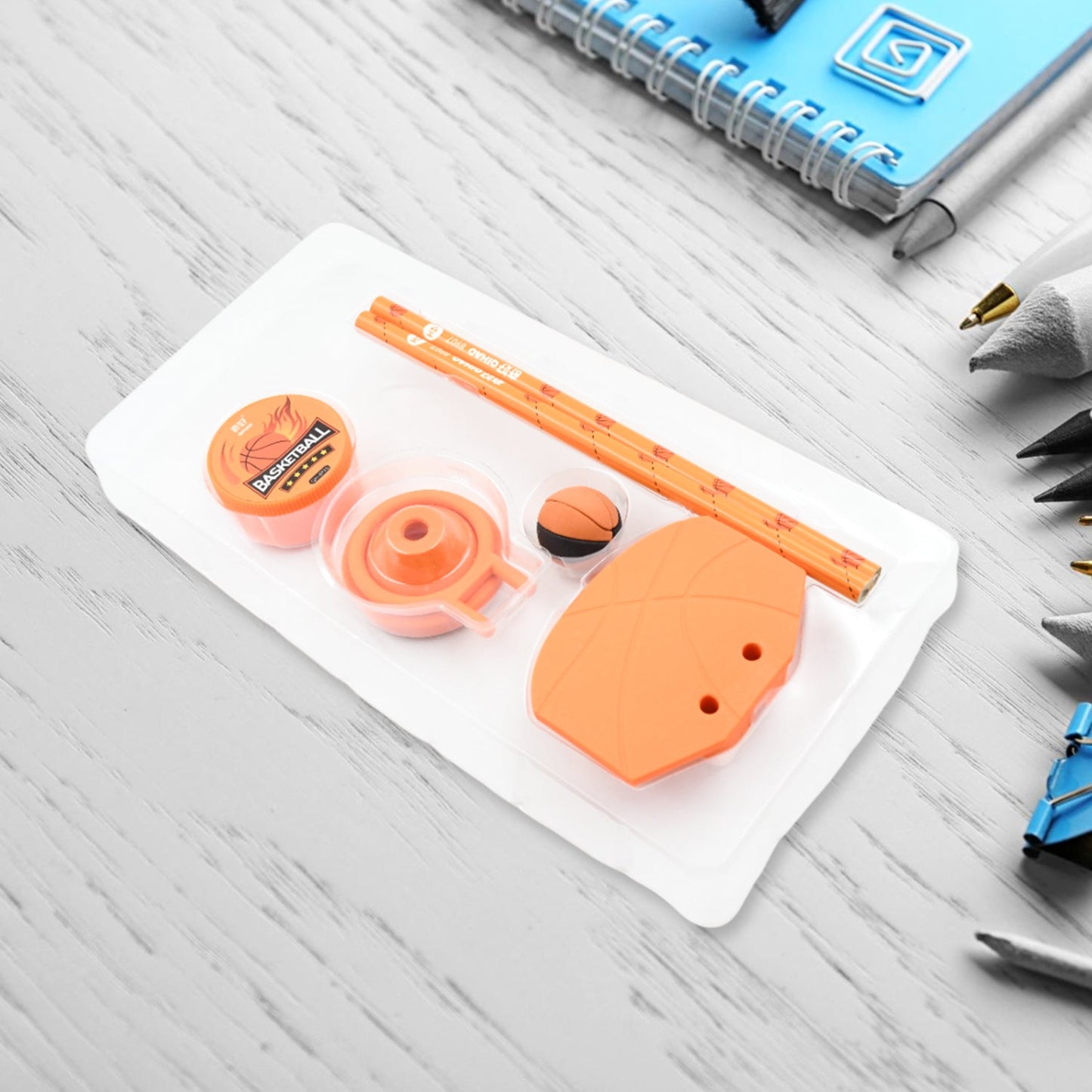 Football & Basketball Stationery Kit – Pencil, Sharpener & Eraser for Kids (Birthday Gift)
