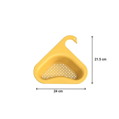 Durable plastic swan-shaped sink strainer efficiently filtering food waste and debris.